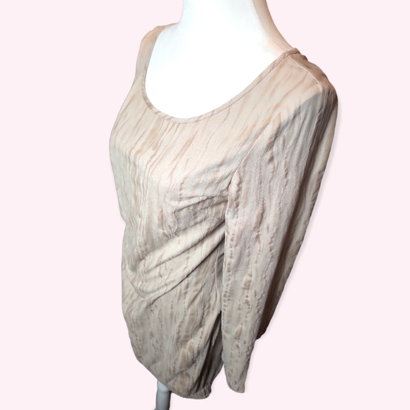 New Designer Y2K Neutral Tan Scoop Neck Long Sleeve Bodycon Mini Dress Sz Small - Picture 4 of 6